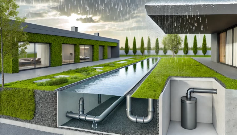 muestra un sistema sostenible de captación y aprovechamiento de aguas lluvias integrado en una arquitectura moderna. La escena presenta un diseño contemporáneo con una estructura verde, rodeada de jardines con vegetación exuberante y superficies permeables. En el centro, se observa un canal de agua que actúa como depósito, con un sistema de tuberías visible en una sección cortada del terreno, que muestra el almacenamiento y tratamiento del agua captada. El techo inclinado de la estructura canaliza la lluvia hacia el sistema de recolección, y el agua pasa por un proceso de filtración antes de ser almacenada. La arquitectura incorpora un enfoque ecológico, con paredes cubiertas de vegetación y un diseño que enfatiza la sostenibilidad y la eficiencia hídrica. La escena incluye detalles de árboles alineados, un cielo nublado con gotas de lluvia cayendo, y un ambiente sereno que refleja la integración armoniosa entre tecnología y naturaleza.